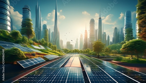 futuristic cityscape with solar solutions and green pathways for a sustainable future