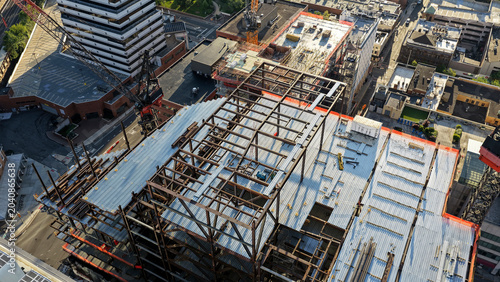 Drone view of steel framework rising at the HELIX redevelopment project in downtown New Brunswick NJ