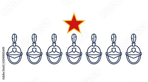 Εκτύπωση καμβά Seven Military Helmets Lined Up Under a Red Star