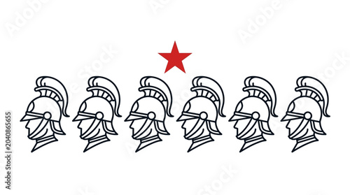 Photos Seven Roman Soldier Helmets in a Row with Red Star Above