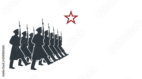 Photos Silhouette of soldiers marching with rifles and a red star emblem on white backg