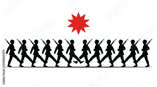 Bild auf Leinwand Silhouette Soldiers Marching in Formation Under Red Star Emblem
