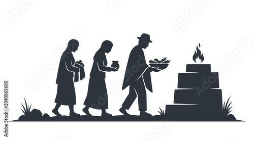Photos Silhouettes of people performing a ritual ceremony with offerings and fire