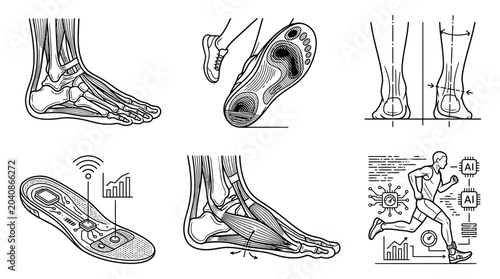 Detailed illustrations of foot anatomy, biomechanics, and smart insole technology.