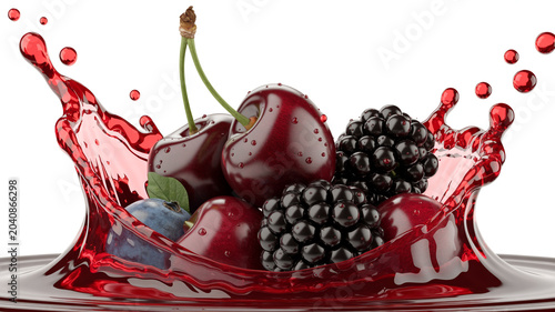 Fresh dark berries and cherries splashing into vibrant red juice