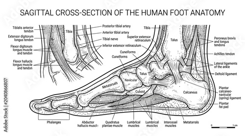 Bild auf Leinwand Sagittal Cross Section of the Human Foot Anatomy Detailed Medical Illustration