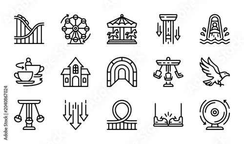 Schilderij op canvas Amusement Park Icons, Thrill Rides Vector Set, Carnival Attractions, Funfair Sym