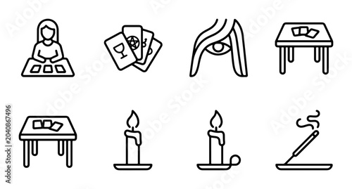 Foto Mystic Fortune Teller Icons: Tarot Cards, Crystal Ball, Candle, Incense, Divinat