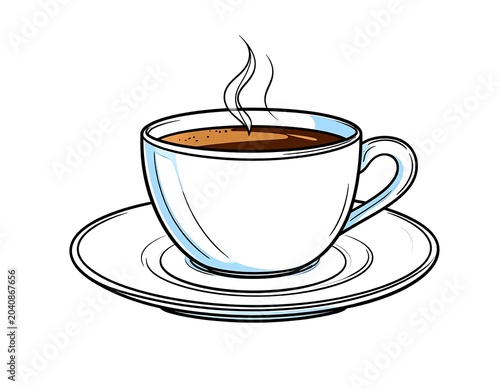 Steaming White Coffee Cup Resting on Saucer Against Light Gray Background