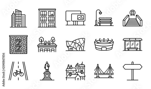 Foto Urban Cityscape Icons Set: Modern Buildings, Landmarks, Transport, and Street El