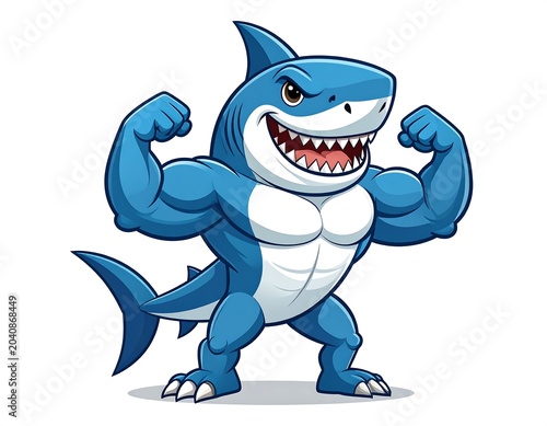 Muscular Blue Shark Character Flexing Arms on Light Gray Background