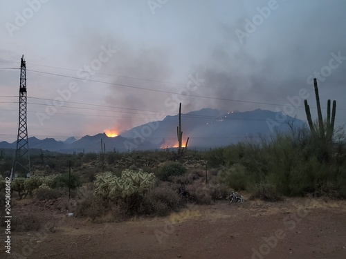 Wildfire in the Superstition Mountains at Sunrise, Arizona Desert Nature