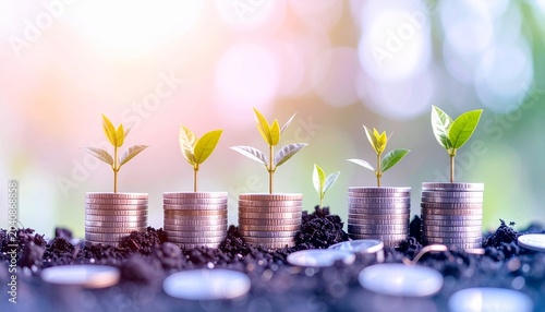Money growth concept with coins and growing plants