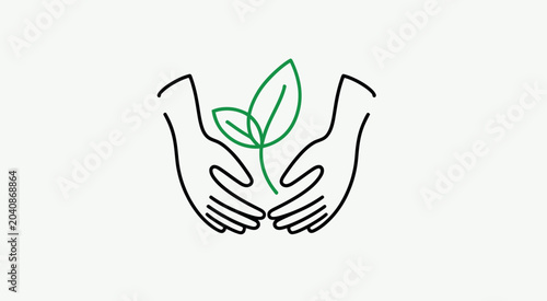 Fotografi hands holding a green leaf symbol vector design, sustainable environment protection emblem with caring gesture representing green energy, ecology awareness and natural resource preservation