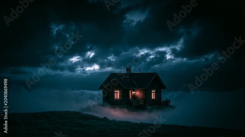 Surreal Fantasy House Floating Dramatically Beneath Glowing Clouds at Twilight in a Mysterious Landscape
