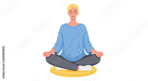 Fotografi This vector illustration depicts a blonde person in a blue shirt sitting in a peaceful meditative lotus pose on a yellow cushion against a white background