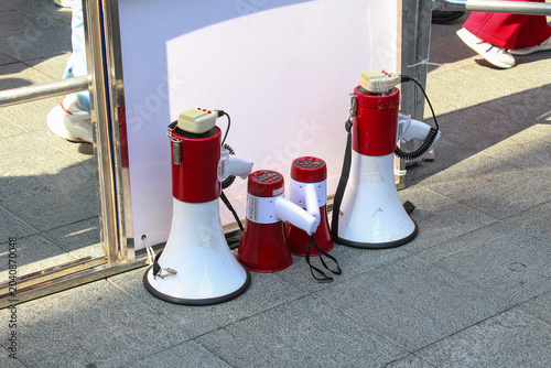 Photography Portable megaphones prepared for public event in Shanghai, China