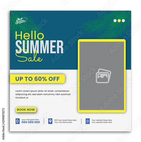 Summer sale social media square banner template with image placeholder vector