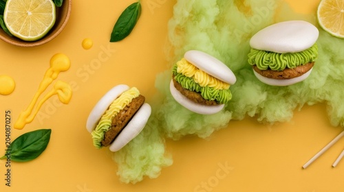 Elegant Chinese Bao Buns with Watercolor Sauce and Floating Citrus Accents on Yellow Background