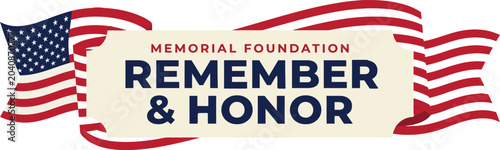 Foto Memorial Day American flag with patriotic message of remember and honor in red,