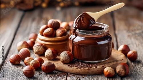 Delicious roasted hazelnut spread in a jar with nuts and wooden paddle on rustic wooden background
