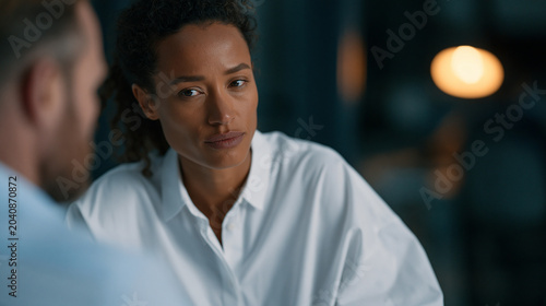 A fraud investigator at a telecom company interviews a distressed middle-aged SIM swapping victim in a quiet private office while reviewing account takeover logs on a desktop