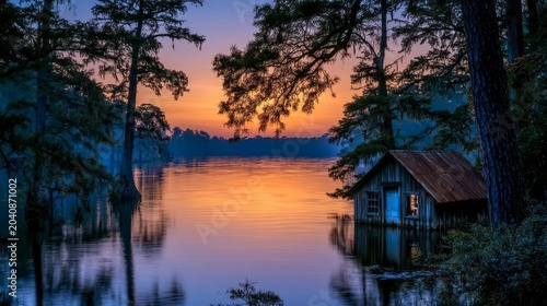 Abandoned Fishing Cabin Surrounded by Flooded Forest During Stunning Sunset Over Calm Water