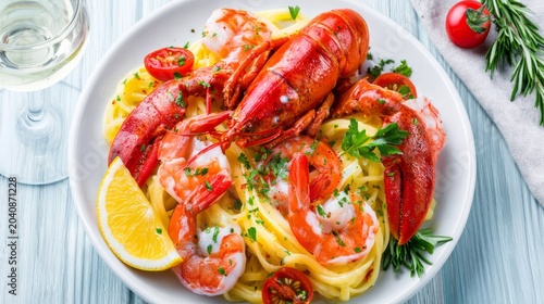 Gourmet Seafood Pasta Dish with Lobster and Shrimp Garnished with Fresh Herbs and Lemon Slice