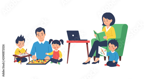 Billede på lærred A happy family spends quality time together at home, with parents and children engaged in various activities like reading, playing games, and drawing