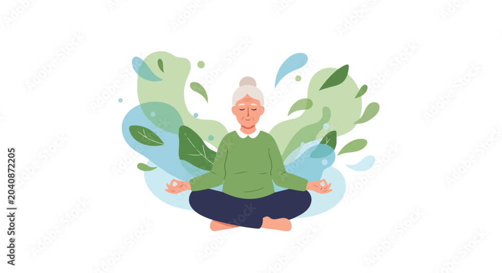 Fototapeta premium An elderly woman with white hair is sitting in a lotus position, peacefully meditating amidst calming abstract shapes and green leaves.