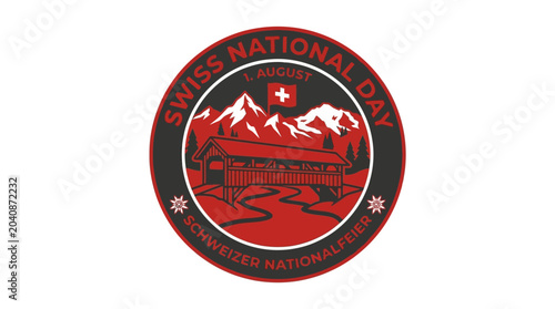Photos Swiss National Day Celebration Emblem: Mountains, Covered Bridge, River, Swiss F