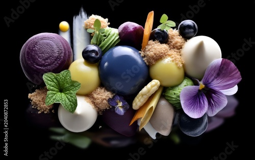 Artistic Molecular Gastronomy Plating with Colorful Ingredients and Garnishes for Culinary Presentation