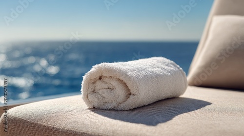 Rolled towel on a sun lounger by the ocean