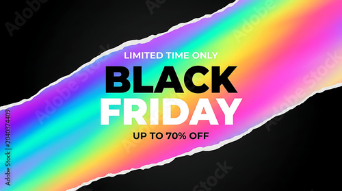 Black Friday Sale Banner with Holographic Gradient and Torn Paper