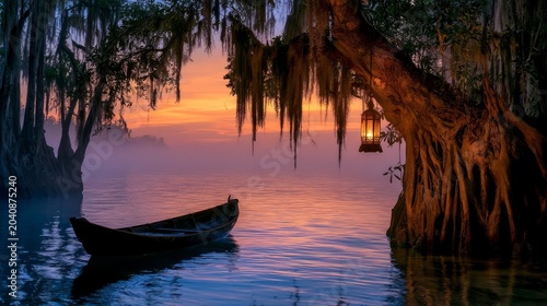 Mysterious Lantern Boat Floating Through Foggy Mangrove at Twilight in Serene Waters