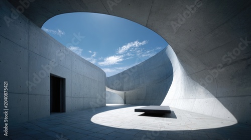 Sculptural concrete architecture frames bright sky and minimalist bench