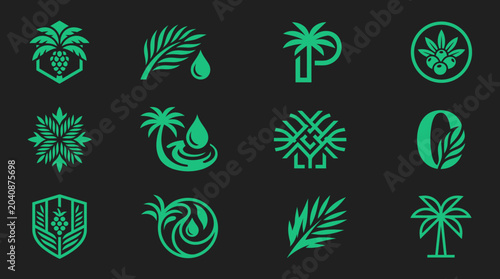 Quadro em tela Collection of Green Palm Tree and Leaf Logos on Dark Background.