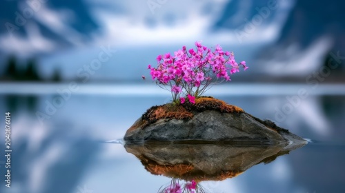 Dreamlike Wilderness Panorama with Tiny Pink Flowers on a Rock in Tranquil Water Reflection Scene
