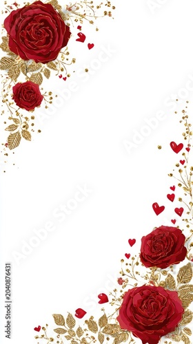 Vibrant red roses with gold accents and scattered hearts on white