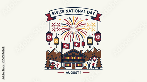 Swiss National Day Celebration: Fireworks, Swiss Flag, Mountains, and Traditional House