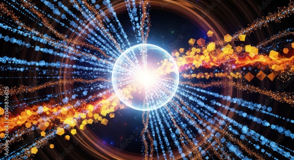 Fototapeta premium A glowing sphere explodes with streams of digital particles and quantum energy.