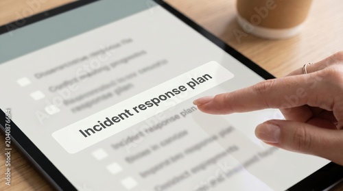 Business continuity, incident response plan, tablet screen, emergency management, crisis planning