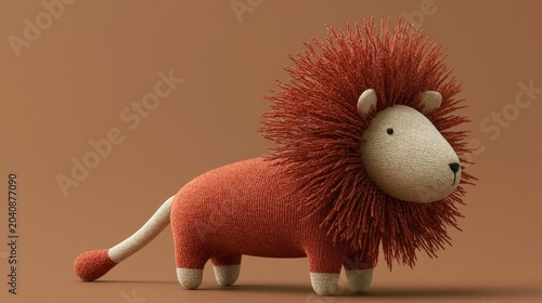Charming Handmade Lion Figurine with Knitted Mane Set Against a Warm Round Background