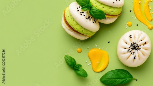 Elegant Chinese bao buns with vibrant colors and sauces on a soft background in watercolor style
