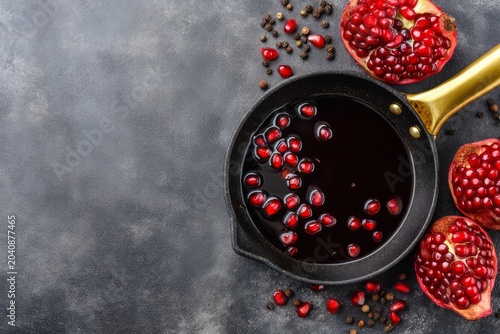 Artisanal Pomegranate Molasses Reduction in Pan with Fresh Pomegranate Arils on Dark Background