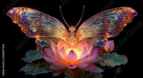 Luminous, iridescent butterfly rests on a glowing, pink lotus flower
