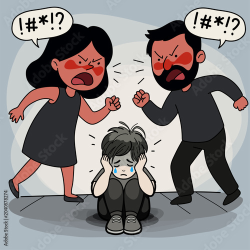 Social illustration. Child stress issues. Mental health. Family conflicts. Vector illustration.