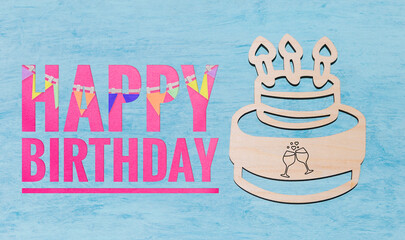Happy Birthday banner with wooden cake on blue background, birthday card background idea