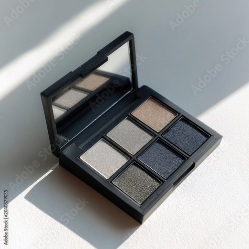 Open compact makeup palette with six neutral and cool-toned shades