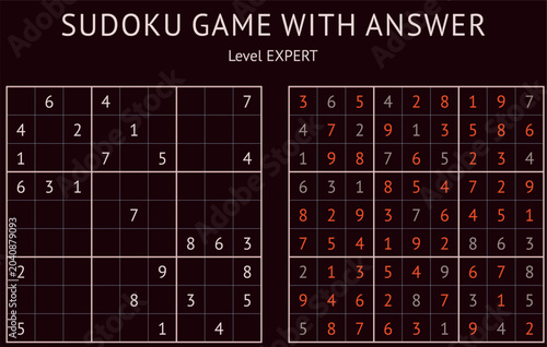 Expert Sudoku puzzle and solution on dark background.  Vector puzzle game with numbers for kids and adults. 
